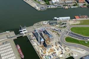 Maison du Port d'Anvers, Havenhuis Antwerpen, Suezdok - Chantier en Juillet 2014. Zaha Hadid Architects